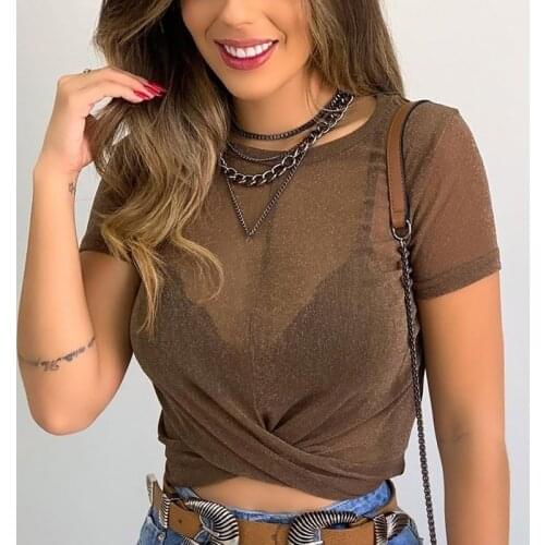 Sexy Mesh Perspective T-Shirt Women New Tie Up Short Sleeve O-neck See Through Pullover T-Shirt Solid Slim Short Tee ropa mujer