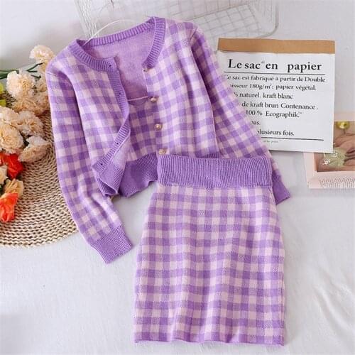 ZAWFL Sweet Plaid Three-Piece Womens New O Neck Single-Breasted Long-Sleeved Loose Sweater with Short Strap two piece set skirt