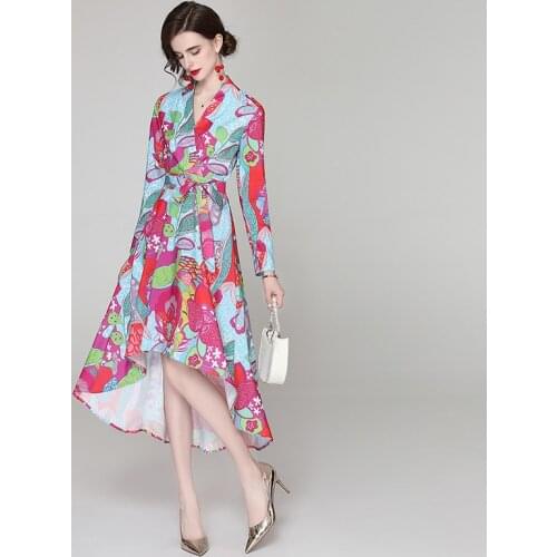 2021 New Women Dresses Office Lady Printing A-LINE Ankle-Length Women Dresses V-Neck Elegant Party Night Women Summer Dresses