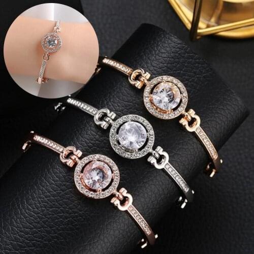 Women Round Cubic Zirconia Inlaid Adjustable Bracelet Bangle Party Jewelry Gift