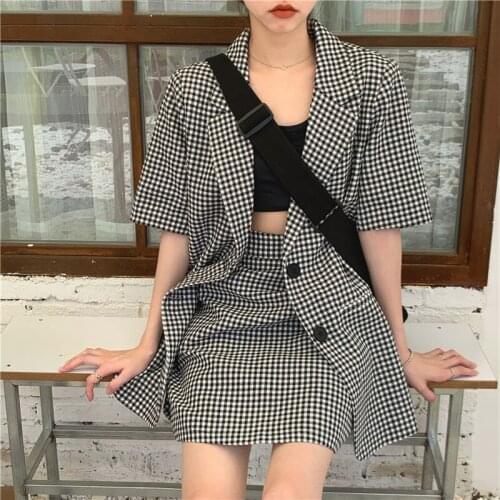 Fashion Women Casual Vintage Two Piece Set Lady Short Sleeves Suit Tops+ Mini SKirt Office Lady Streetwear Designer Clothes SET