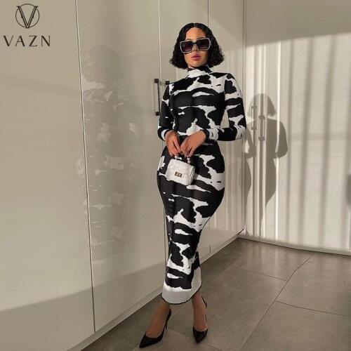 VAZN 2021 Autumn Plus Size Retro Office Lady Sexy Turtleneck Full Sleeve Young Long Dress Women High Waist Maxi Dress Vestido