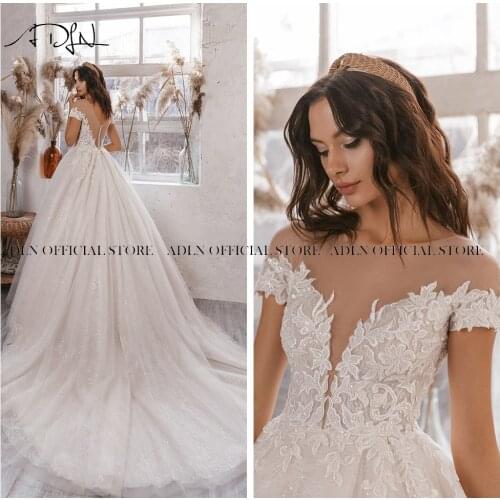 ADLN Jewel Short Sleeves Lace Wedding Dresses Court Train Ball Gown Bridal Dress Wedding Gown robes de mariage princesse