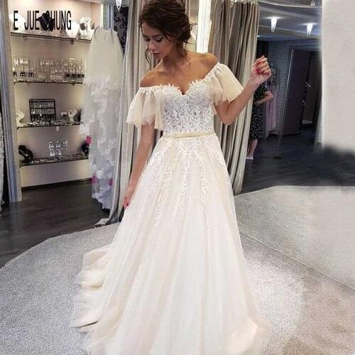 E JUE SHUNG New Elegant Tulle Wedding Dresses Off the Shoulder Short Sleeve Lace Appliques vestidos de novia Boho Bridal Dresses