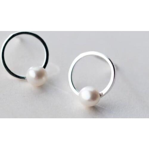 1pair 100% Real. 925 Sterling Silver Fine Jewelry Hollow Open Geometric Circle with Freshwater Pearl Stud Earrings gtle2054
