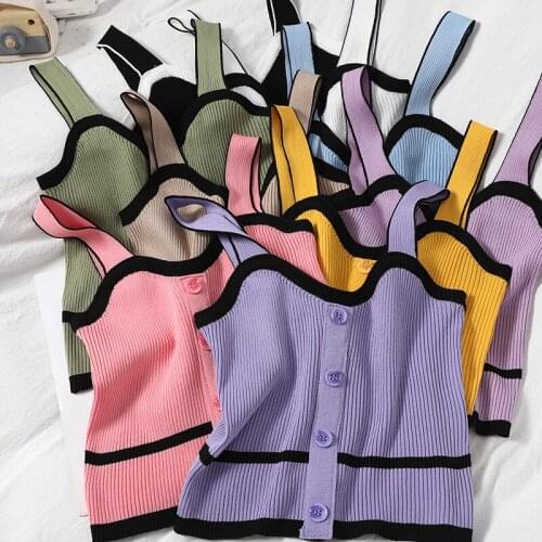 2021 Summer Women Knitting Striped Tank Tops Girls Knitted Buttons Camisole Sweater Pullovers