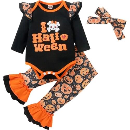 0-18 Months 3Pcs Baby Halloween Outfits Long Sleeves Romper + Pumpkin Flare Trousers + Headband For Toddler Girls Indoor Outdoor