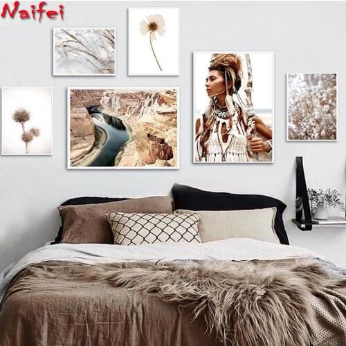 Boho Woman Poppy Flower Autumn Nature Landscape DIY 5D Diamond Painting Full Mosaic full Round Diamond Embroidery Home Decor