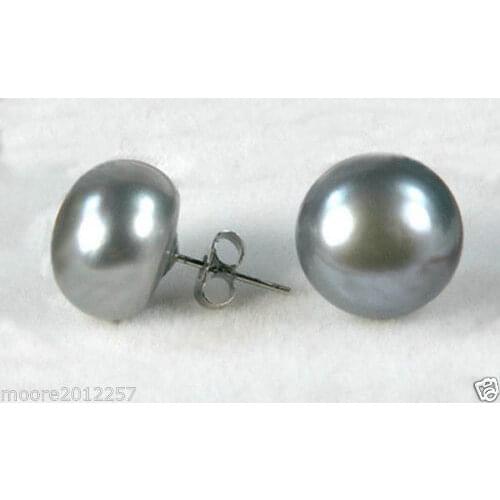 Free Shipping >>>>Genuine 7-8 mm grey Cultured Pearl Silver Stud Earrings