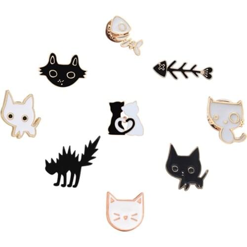 Cartoon Animal Cats Brooches Black White Fish Bone Enamel Pins Cute Fashion Jewelry Love Gift for Girl Couple Lapel Shirts Badge