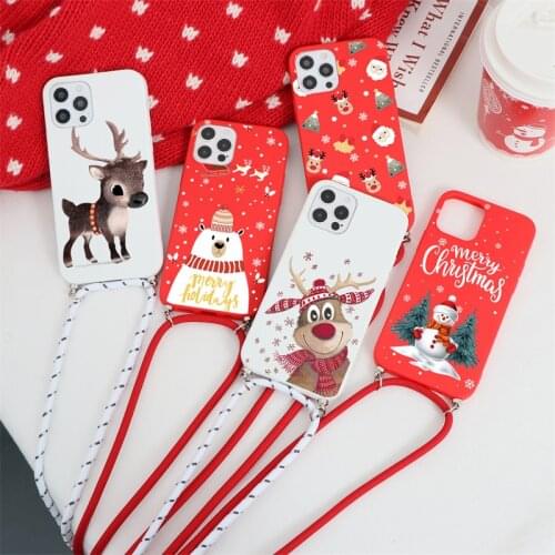 Necklace Lanyard Rope Case For iPhone 13 12 11 Pro Mini XS Max XR X 7 8 10 6 6S Plus SE 2 Soft TPU Christmas Phone Cover Funda