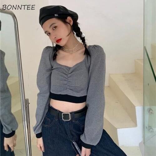 Long Sleeve T-shirts Women Streetwear Square Collar Patchwork Students Retro Pleated Ruched Sexy Slim New Fashion Female Clothes