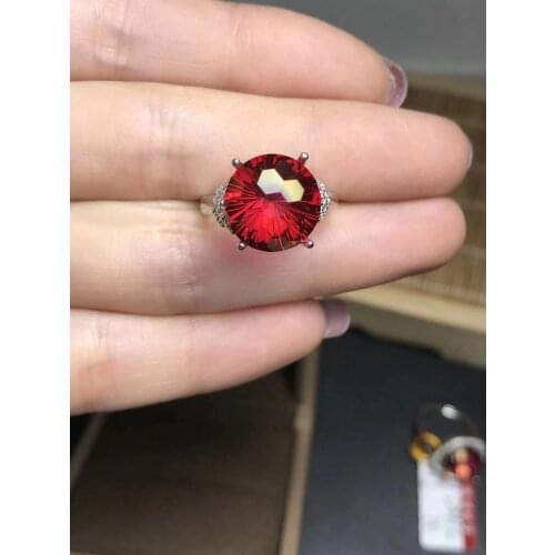 Natural 12*12mm Fireworks red topaz Ring Natural gemstone Ring S925 silver elegant round wave Pretty womens wedding jewelry