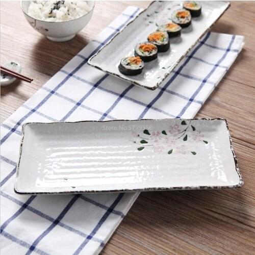Beautiful Sakura Rectangular Ceramic Sushi Plate Japanese High-temperature Underglaze Ceramic Tableware Practical Plate