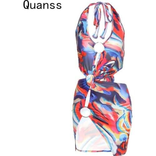 Quanss Summer Tie Dye Print Dresses Women Metal Ring Hollow Out Female Dress Halter Backless Club Outfit Bodycon Sexy Mini Dress