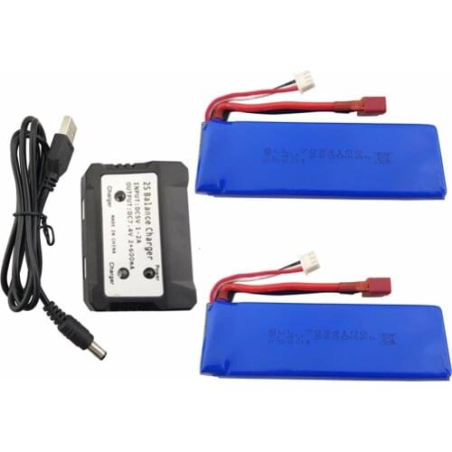 2PCS 7.4V 2200mAh Lithium Battery With 2 in 1 Charger For WLtoys K949 10428 10428-A L202 RC Lithium Battery High Rate T Plug
