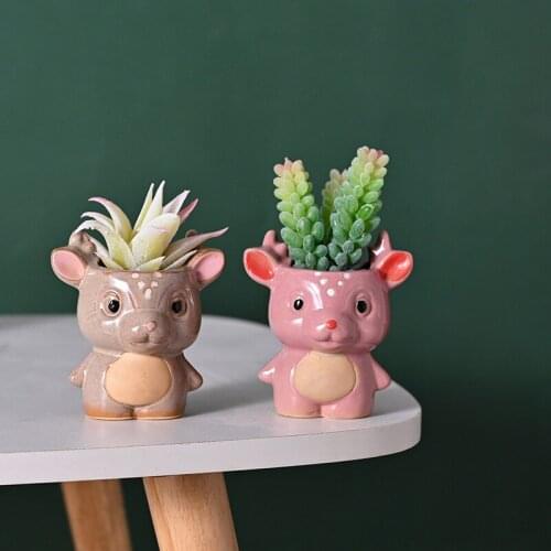 Cartoon Deer Miniature Model Decoration Succulent Flower Pot Creative Home Gardening Potted Ceramic Flowerpots Ornament