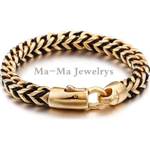 Trendy Vintage Leather Braided Cords Mens Gold Stainless Steel Franco Bracelet 9"