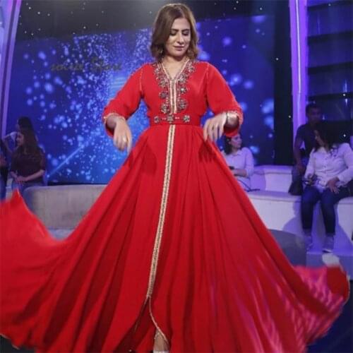 Fashion Embroidered Beads Moroccan Kaftan Arabia Prom Gown Long Sleeves A-line Muslim Evening Dresses Dubai Dress Custom Made