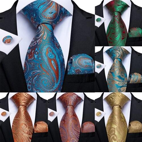Mens Tie Orange Paisley New Design Silk Wedding Tie For Men Party Business 3.14'' Necktie Hanky Gravata Set DiBanGu SJT-7279
