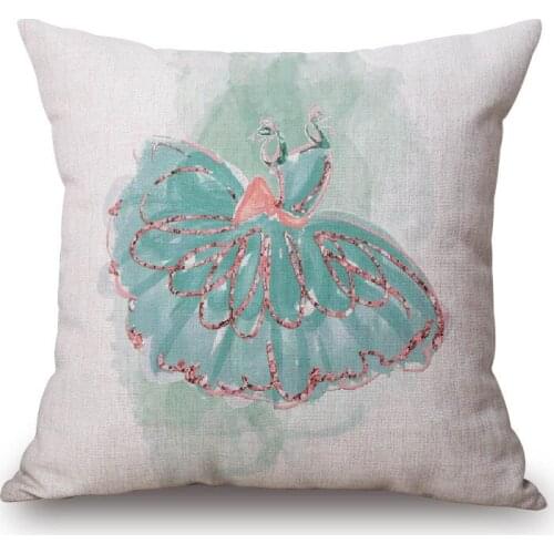 Ballet Dress Cushion Cover Pink and Green Color White Polyester Beige Linen Pillowcase 45X45cm Sofa Bedroom Decoration