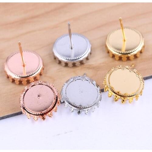 Onwear 10pcs Stainless steel rose gold 12mm cabochon stud earring base blank tray settings diy post earrings bezel accessories