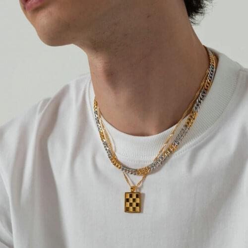 Simple Fashion Stainless Steel Rectangle Checkerboard Pendant Necklace For Women Punk Stackable Chokers Jewelry