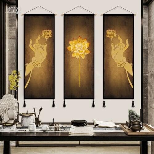 Chinese Style Buddhism Lotus Retro Poster Golden Lotus Canvas Painting Wall Decor Posters Wall Art Picture Room Decor Home Decor