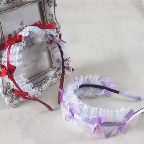 Women Ruffles Lace Hair Hoop with Mesh Headband Ribbon Bow Lolita Cosplay Props Maid Anime Headdress Accessories