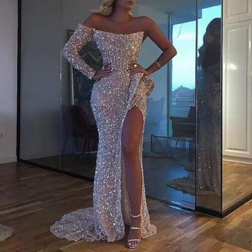 Womens 2021 Silver Elegant One Shoulder Sequined High Split Maxi Dress Sexy Long Sleeve Off Shoulder Party Bodycon Dresses