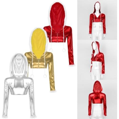 Women Shiny Metallic Long Sleeves Zipper Hooded Short Tops Jacket Outfit Christmas Santa Sexy Waistless Costume Fancy Dress