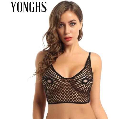 Womens Erotic Lingerie Bra Top Hollow Out Netted Adjustable Spaghetti Shoulder Straps Nipples Hollow Out Longline Hot Bra Tops