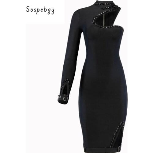 2020 Summer New Womens Mini Sexy Single Sleeve Round Neck Hand Beaded Bodycon Bandage Dress Celebrity Runway Party Dresses