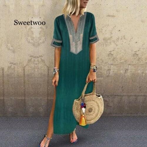 New Women Dress Short Sleeve Boho V Neck Casual Loose Print Boho Straight Solid Summer Dress Ladies Long Plus Size 5XL