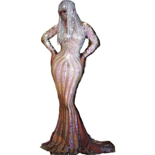 V-Neck Striped Print Perspective Ladies Dresses Tight Stretch Long Sequins Trailing Dresses Nightclub Performance Costume