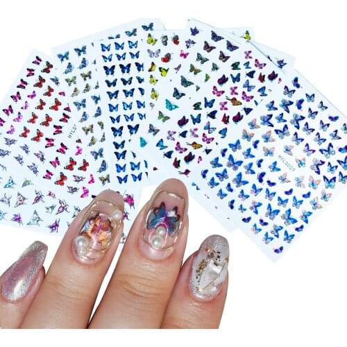 1pcs Laser butterfly 3d Nail Art Stickers Holographic Gradient Adhesive Colorful Butterflies Autumn Nail Art Decoration Decal