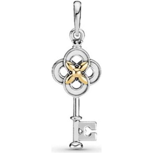 100% S925 Silver New Two Color Key & Flower Fashion PAN Pendant Suitable For Original Pandora Necklace Women Diy Charm Jewelry