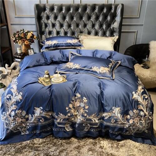 Luxury Blue Embroidered 120S Egyeptian cotton Royal Bedding sets Queen King Wedding Duvet cover Bed sheet set Pillowcases 4pcs