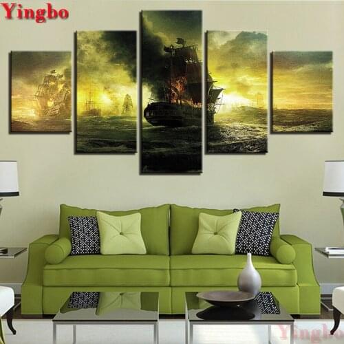 5D DIY Full square round Diamond Painting Boat Scenery 5 Panel Diamond Mosaic Rhinestone Embroidery Cross Stitch home decor