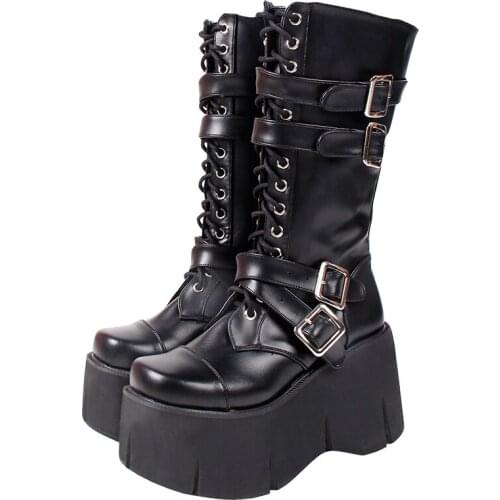 Angelic imprint Women motorcycle cool punk boots lady lolita shoes woman Gothic high round heels pumps straps 33-47 7002 10cm