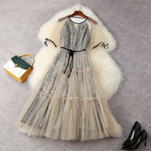 Ball Gown Dress 2021 Summer Vintage Party Women O-Neck Polka Dot Print Mesh Lace Patchwork Short Sleeve Mid-Calf Vintage Dress