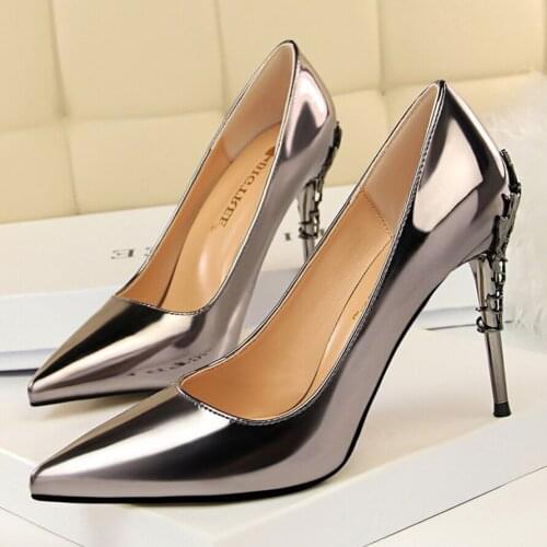 BIGTREE Pumps Womens Metal Carved High Heel Party Shoes Red Wedding Shallow Patent Leather Shoes Sexy Ladies Office Shoes Women