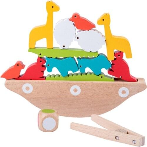 Kids Wooden Animal Blocks Balance Boat Seesaw Stacking Game Early Educational Toy