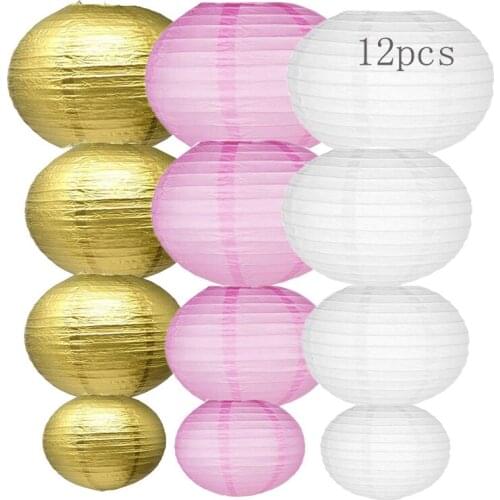 12pcs White Pink Gold Round Chinese Paper Lanterns Assorted Sizes lampion Wedding Babyshower Christmas Party Diy Hanging Decor