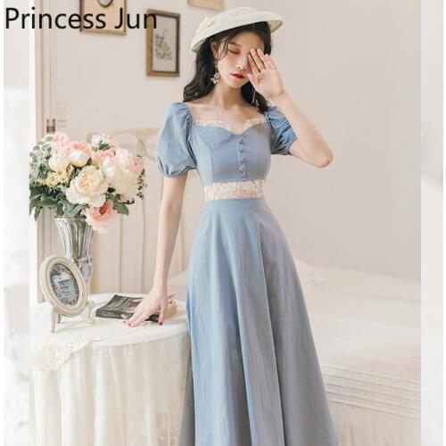 French Vintage Retro Lace Stitching Blue Party Dress Elegant Palace Style Puff Sleeve Square Collar Slim Waist Dress Vestidos