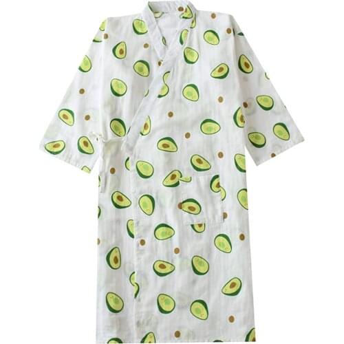 Shanghai Story Women Cotton Kimono Bathrobe with Pockets Bath Robe Avocado Print sleepwear