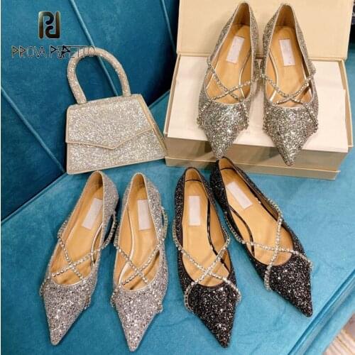 2021 Summer New Cross Crystal Belt Genuine Leather Blingbljng Sequined Pointed Toe French Temperament Flat Shoes Women
