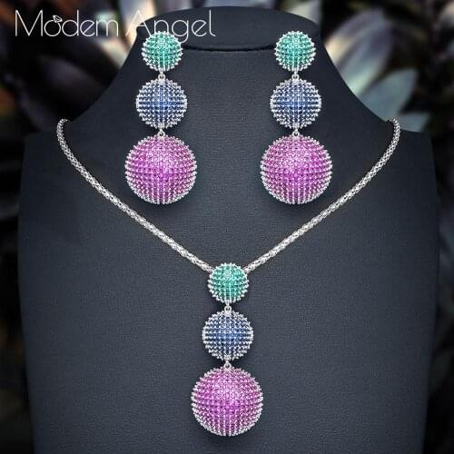 ModemAngel Three Balls Shiny Full Zircon Flowers Cubic Zirconia Pendant NECKLACE EARRINGS For Dubai Women High Quality Jewelry