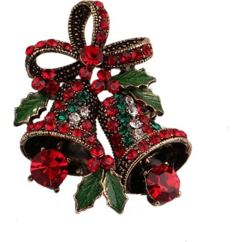Hot Christmas Antique Silver Plated Double Bell Shaped Cute Bears Rhinestone Chunky Brooch for Women Men Gift Jewelry