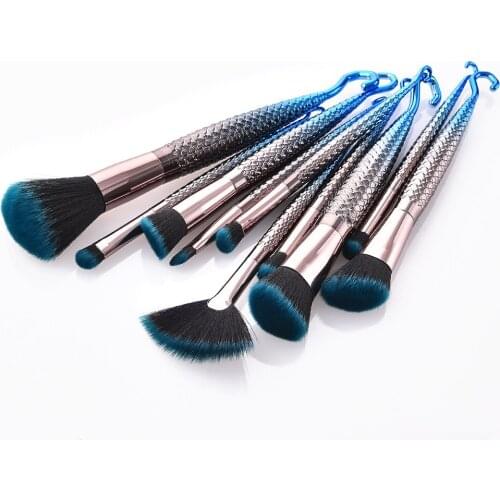Blue Black Makeup Brushes for Face 10pcs Mermaid Brush Set Beauty Foundation Eye Shadow Brow Fan Fish Brush Tools Kit with Hook